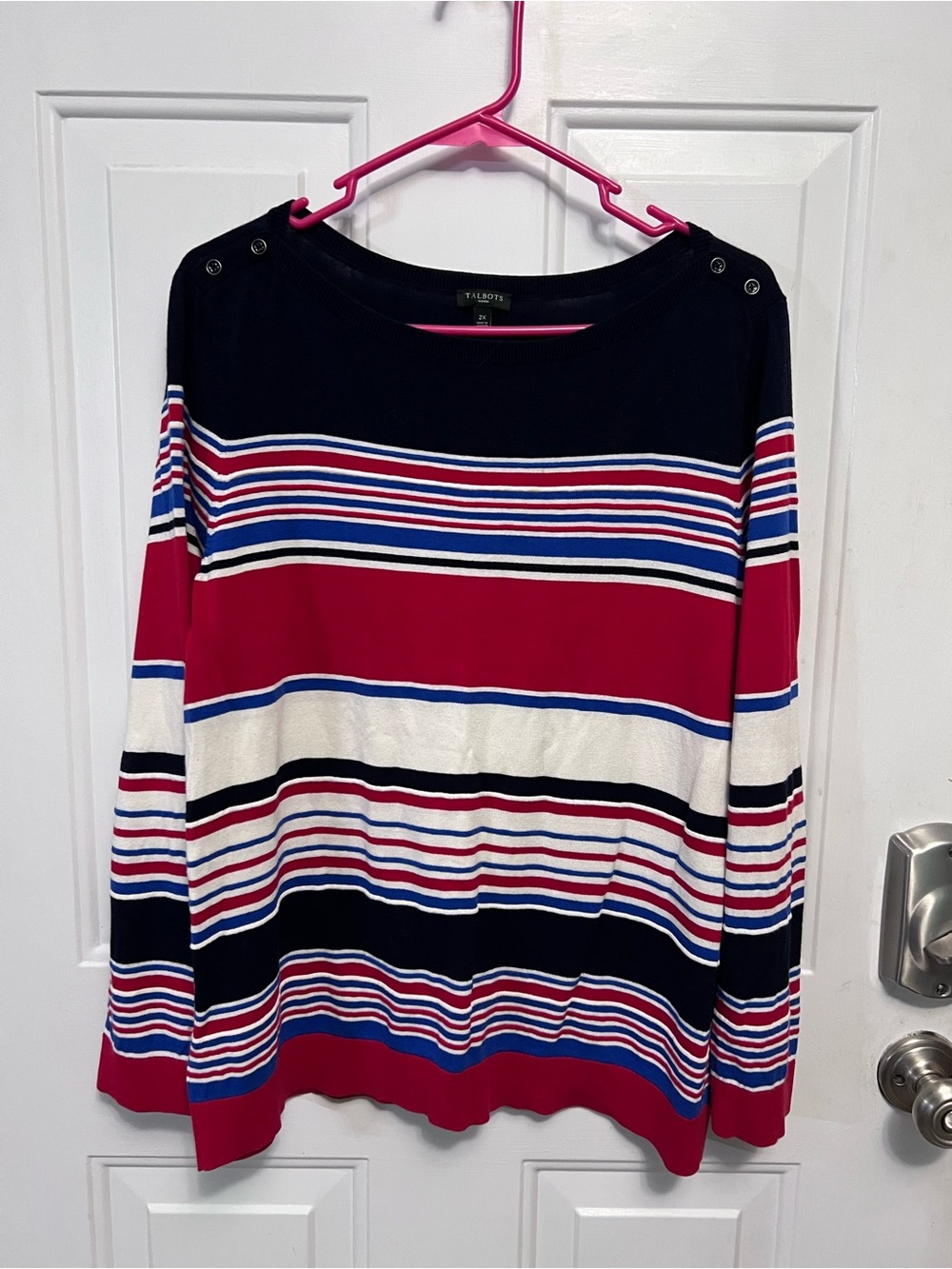 Talbots Women’s 2X Red White Blue Striped Sweater 3/4 Sleeve Shoulder Buttons